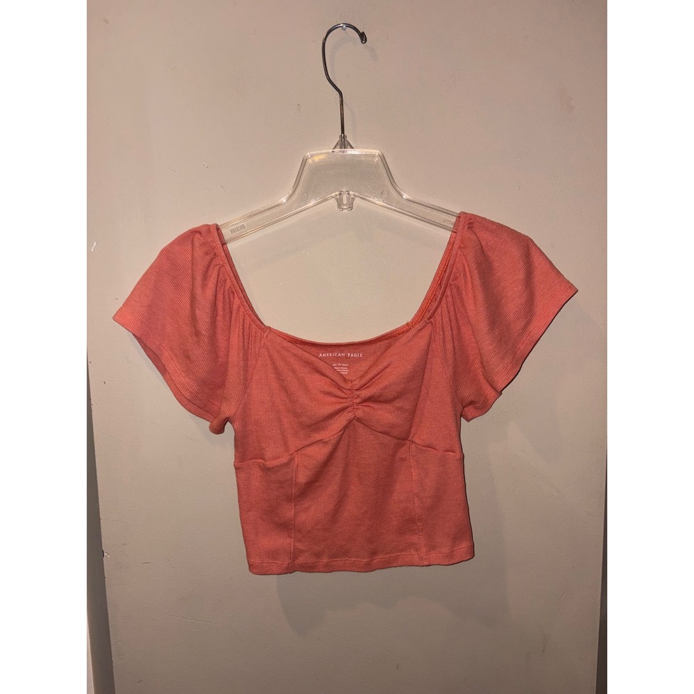 American Eagle Coral Ribbed Sweetheart Neck Crop Top XS Short Sleeve Pink